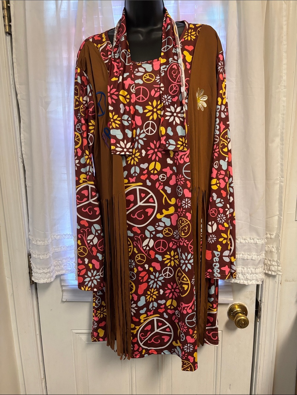 Women groovy ' Brown Peace & Floral Print love& hippie Fringe costume.